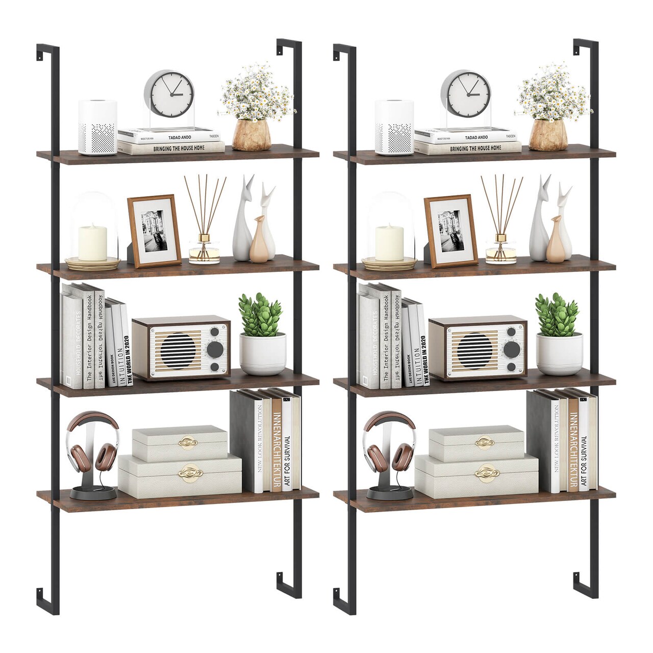 Costway 2 PCS 4-Tier Ladder Shelf Bookshelf Industrial Wall Shelf with Metal Frame Rustic